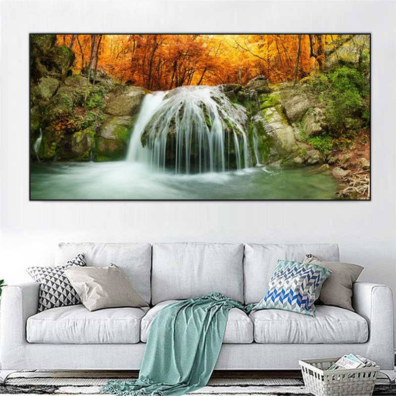 Autumn's Cascade Reverie - Golden Forest Plunge Canvas Art