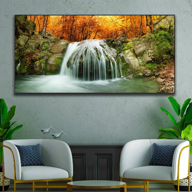 Autumn's Cascade Reverie - Golden Forest Plunge Canvas Art