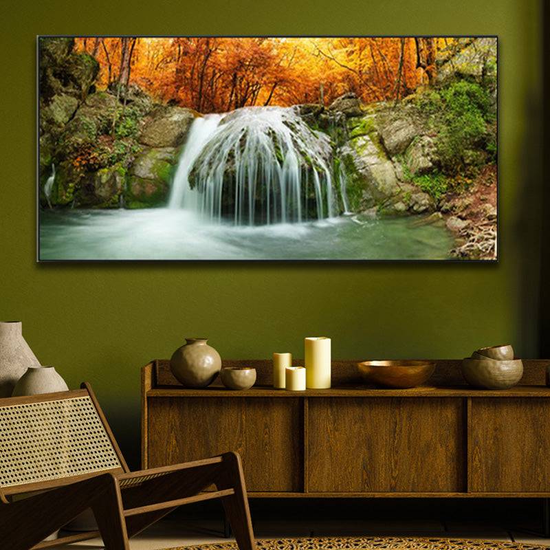 Autumn's Cascade Reverie - Golden Forest Plunge Canvas Art