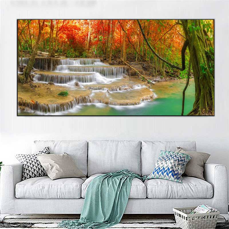 Crimson Canopy Cascades - Serenity in Nature's Embrace Canvas Art