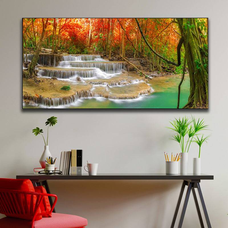 Crimson Canopy Cascades - Serenity in Nature's Embrace Canvas Art