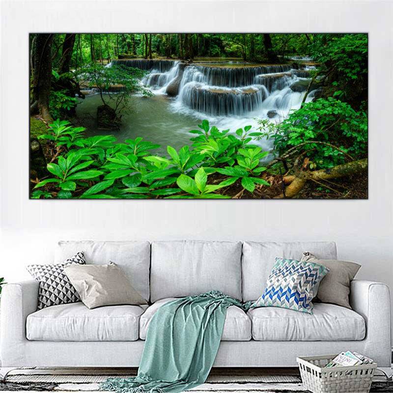 Majestic Cascades - Tranquil Waters in Enchanted Grove Canvas Art