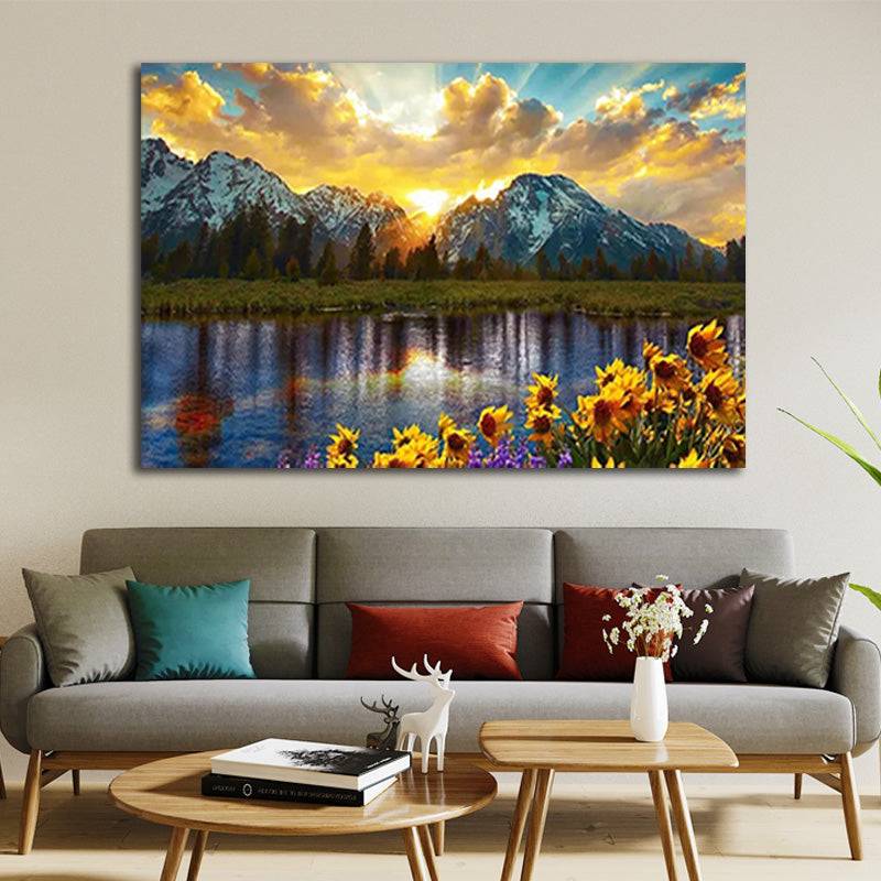 Mountain Lake Sunflowers Canvas Art