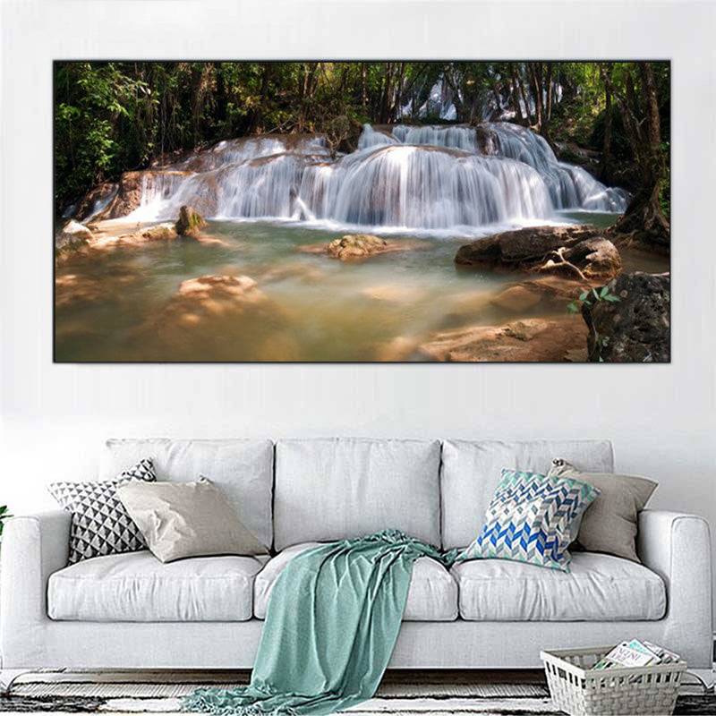 Nature's Roaring Embrace - Lush Cascade and Tranquil Pool Canvas Art