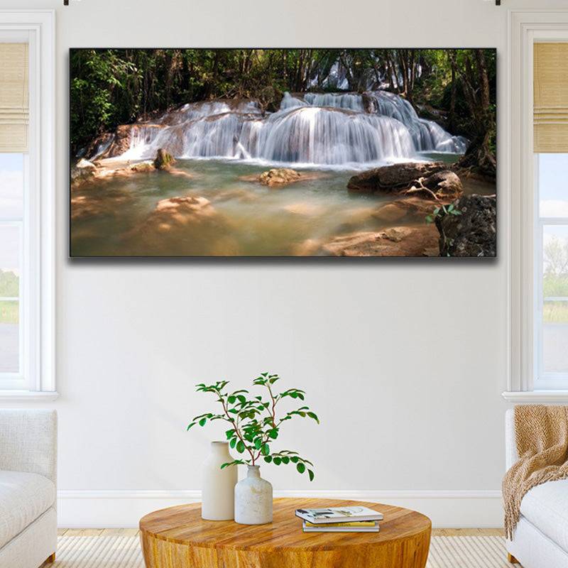 Nature's Roaring Embrace - Lush Cascade and Tranquil Pool Canvas Art