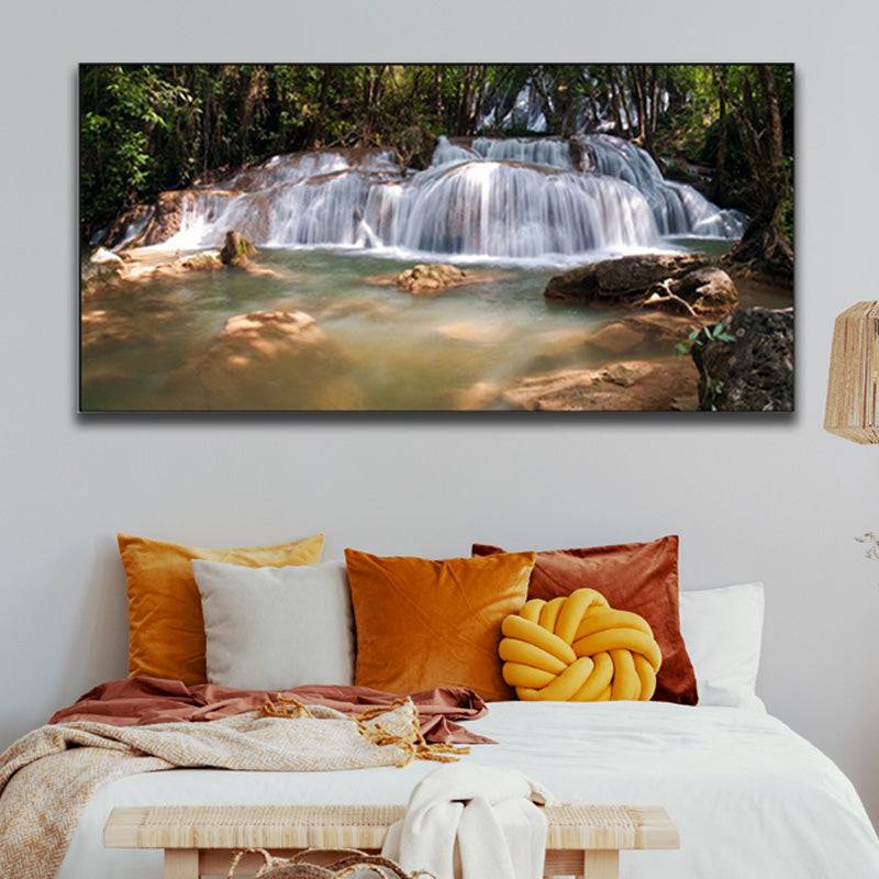 Nature's Roaring Embrace - Lush Cascade and Tranquil Pool Canvas Art