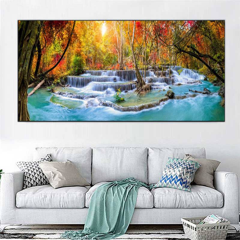 Radiant Forest Serenade - Sunlit Cascading Waters Canvas Art