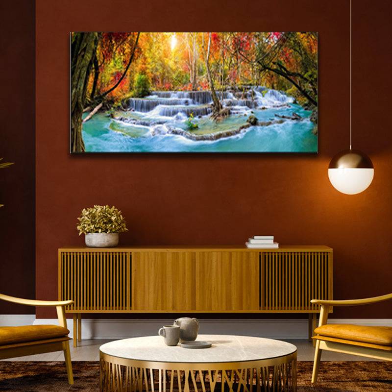 Radiant Forest Serenade - Sunlit Cascading Waters Canvas Art