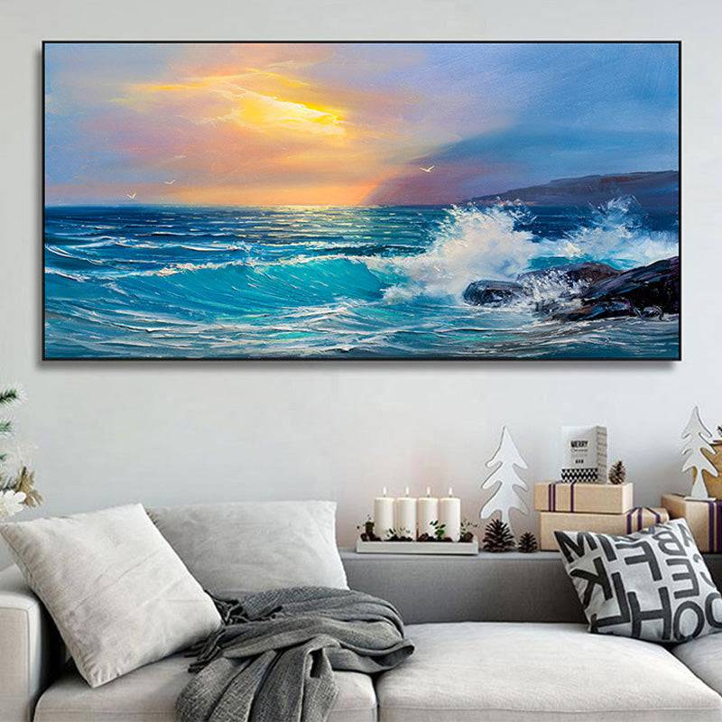 Sunset Embrace - Waves on Rocky Seashore with Mountain Silhouette Canvas Art