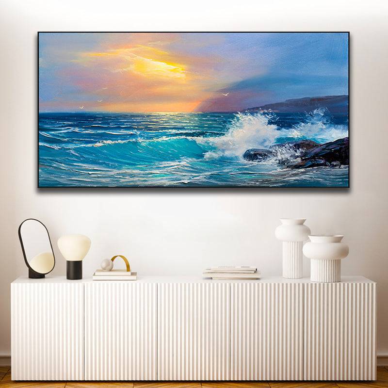 Sunset Embrace - Waves on Rocky Seashore with Mountain Silhouette Canvas Art