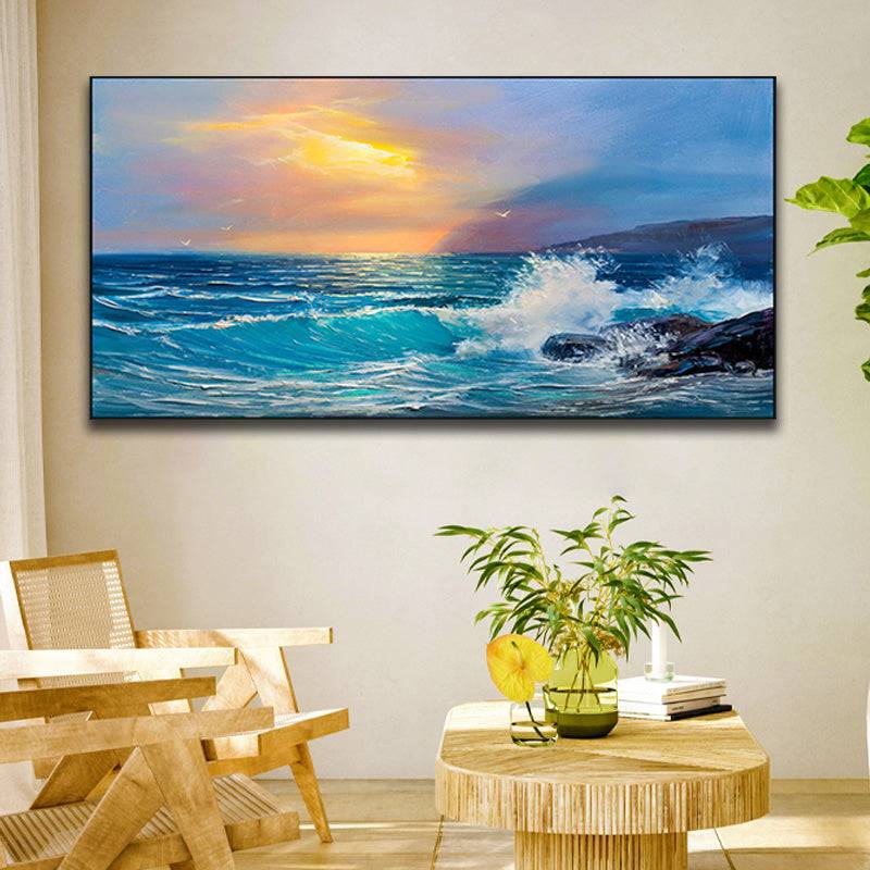 Sunset Embrace - Waves on Rocky Seashore with Mountain Silhouette Canvas Art