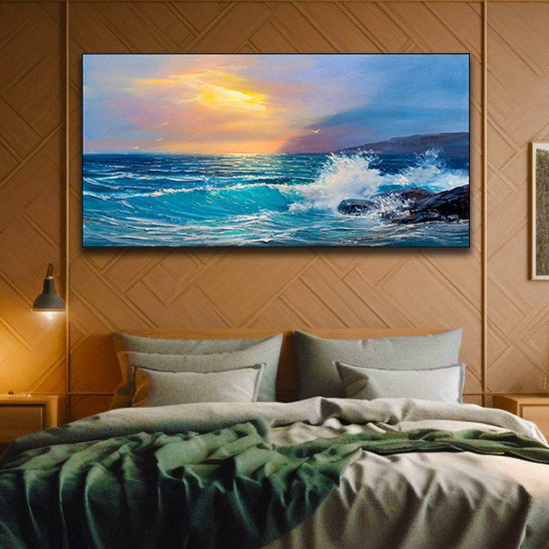 Sunset Embrace - Waves on Rocky Seashore with Mountain Silhouette Canvas Art