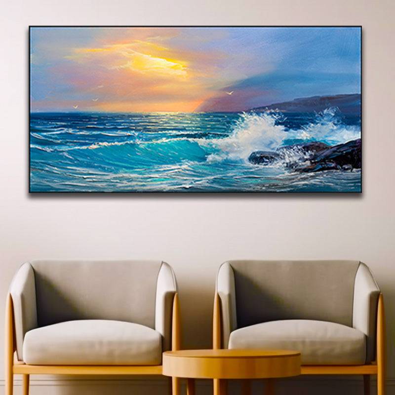 Sunset Embrace - Waves on Rocky Seashore with Mountain Silhouette Canvas Art