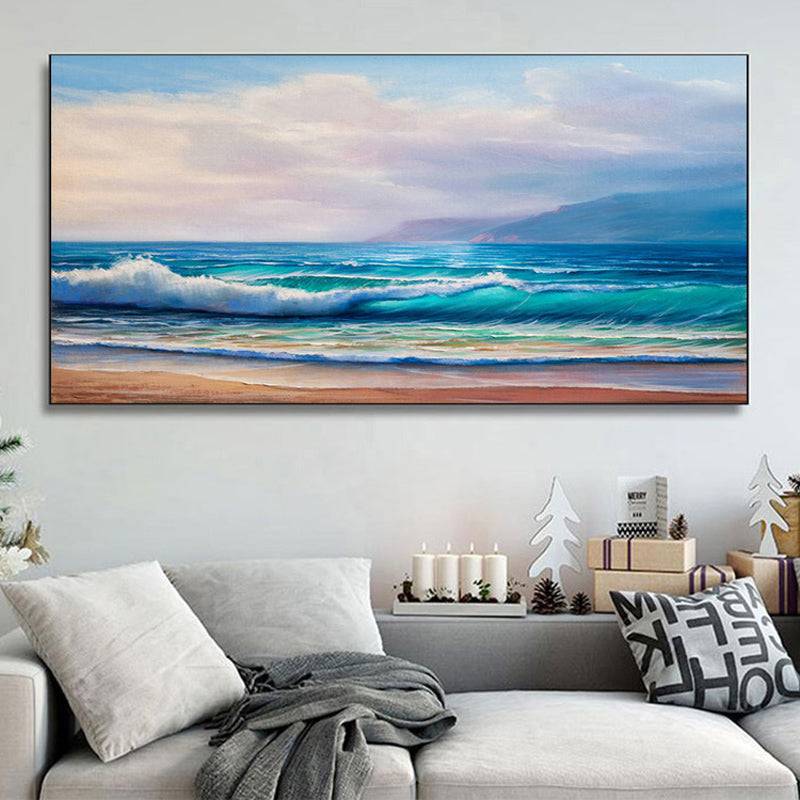 Waves on Seashore with Mountain Silhouette Canvas Art