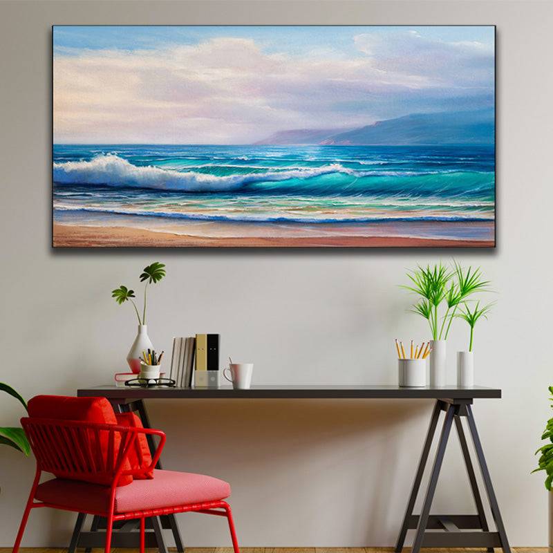 Waves on Seashore with Mountain Silhouette Canvas Art