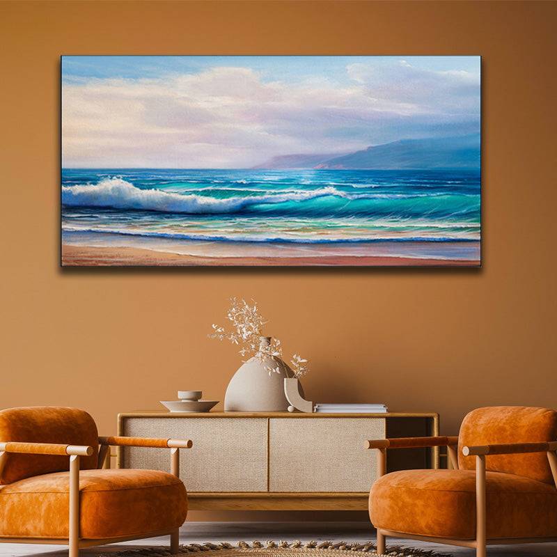 Waves on Seashore with Mountain Silhouette Canvas Art